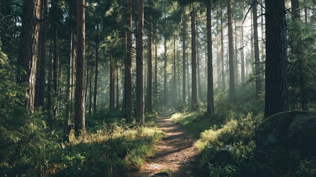 Sunlit Path Through a Misty Pine Forest at Dawn