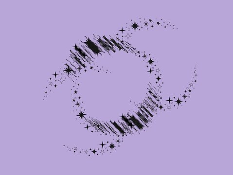 A black spiral pattern consisting of various sizes of stars and small geometric shapes against a light purple background. The design forms a swirling, dynamic effect, with denser areas of stars 