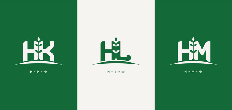 Set of initials letter HK, HL, and HM with grow plant logo design. HK leaf logotype. HL letter nature symbol. HM monogram agriculture logo