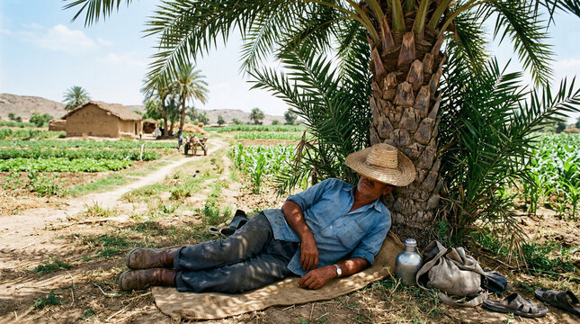 Farmer's siesta under a palm tree in the field.