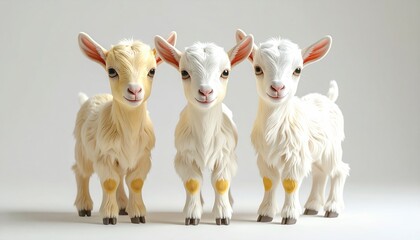 Fototapeta premium Three Cute Baby Goats Standing Together On White Background.
