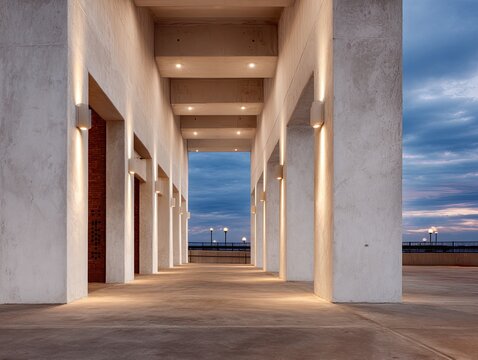 Modern concrete arcade with uplighting opens to a twilight sky and distant lights
