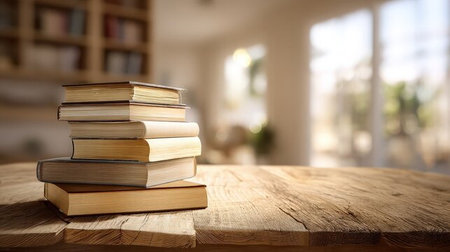 Stack of Vintage Books on Rustic Wooden Table in Sunlit Library