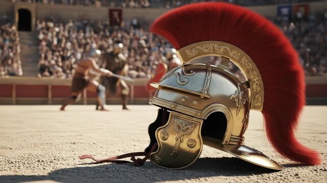 A shiny gold gladiator helmet with a red plume lies on sandy arena floor