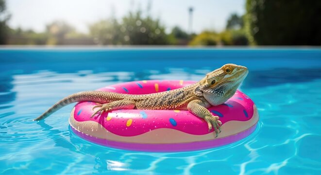 A bearded dragon lizard relaxes on a pink donut pool float in a swimming pool