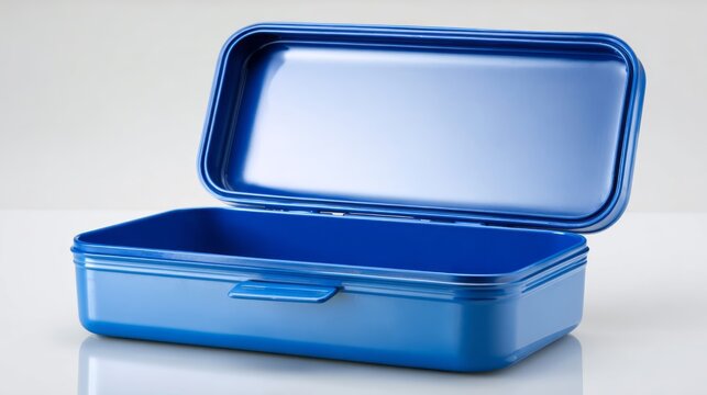 Empty school lunch box isolated on white background, clean reusable food container with open lid and copy space, minimal back to school concept, healthy meal preparation idea, top view simple plastic 
