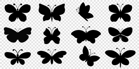 Collection of black silhouette butterflies arranged in a grid pattern © Achinta