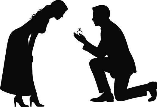 Silhouette illustration of a young man proposing on one knee with an engagement ring to a beautiful woman in a long dress on white background.