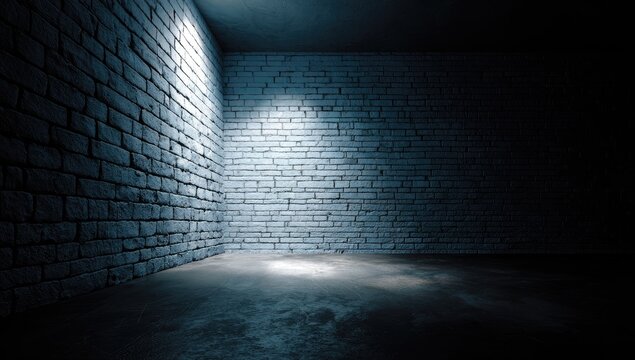Stark illuminated brick corner with harsh shadows on concrete floor