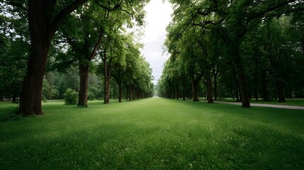 Fototapeta premium A long tree lined avenue through a lush green park creates a symmetrical pathway vanishing into the distance under an overcast sky