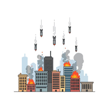 City skyline under aerial bombardment, buildings on fire, bombs falling from sky