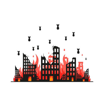 Cityscape bombed and burning, destruction of buildings, aerial bombardment, war concept illustration