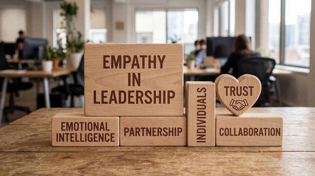 Wooden blocks with leadership and teamwork words on a desk in a modern office environment with people in the background