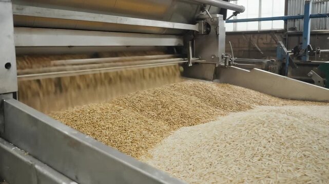 Rice grains entering milling machine, husks separating during industrial refinement stage. Rice milling concept