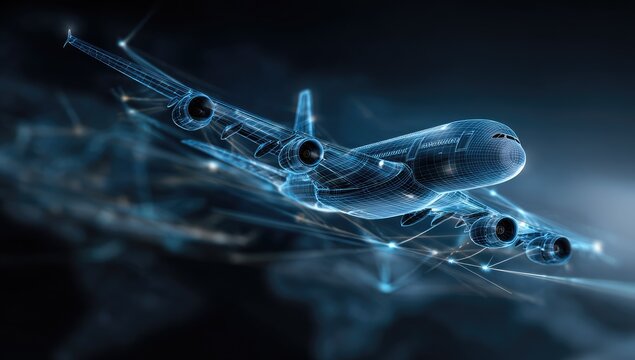 Futuristic holographic blueprint of a massive airplane in flight