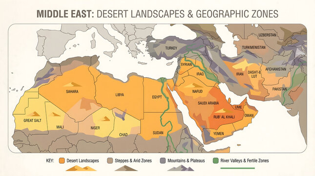 Geographical map of the Middle East and North Africa showing desert landscapes, mountain ranges, and fertile zones