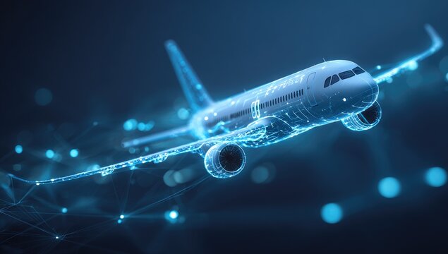 Futuristic digital blueprint of an aircraft, glowing with blue connectivity
