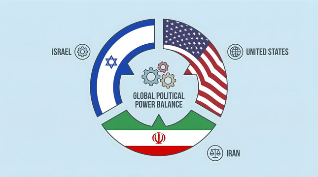 Global Political Power Balance Infographic Featuring United States, Israel, and Iran