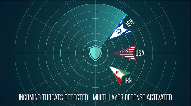 Military Radar Interface Showing Incoming Threats and Multi-Layer Defense Activation