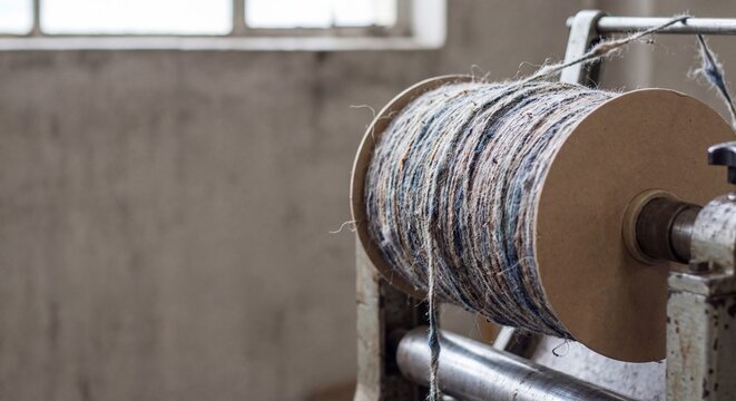 Recycled textile fiber thread spool on industrial machine close up