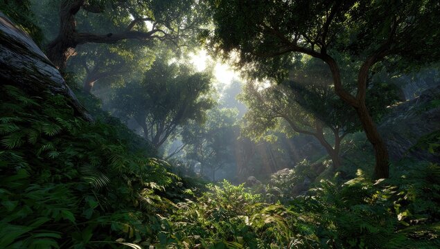 Lush forest floor with sunbeams piercing through dense canopy