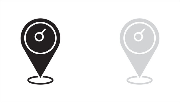 Location pin with navigation direction arrow line icon. Outline map marker symbol representing GPS tracking, navigation, route planning, and location services.