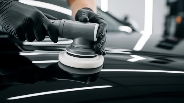 A person wearing black gloves uses a polishing tool on a shiny surface