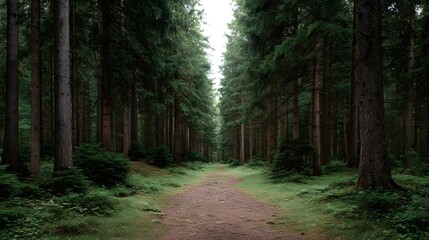 Obraz premium A serene path winds through a dense sun d d forest of tall evergreen trees
