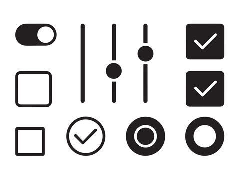 Black toggle switch sliders checkboxes and checkmarks on white background tick
