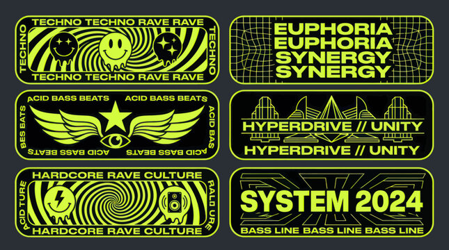 Set of six retro futuristic rave music stickers with neon green text and graphics.