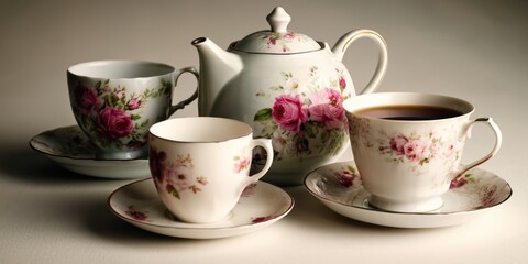Fototapeta premium Vintage floral porcelain teacup and teapot set with rose pattern for afternoon tea background and banner design
