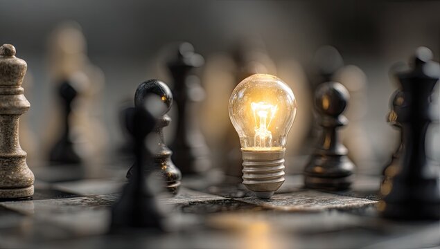 A glowing lightbulb stands out on a chessboard amidst scattered game pieces