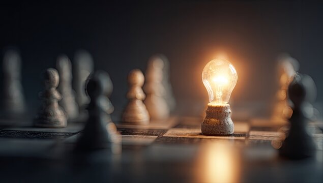 Glowing light bulb on chessboard, representing a bright idea