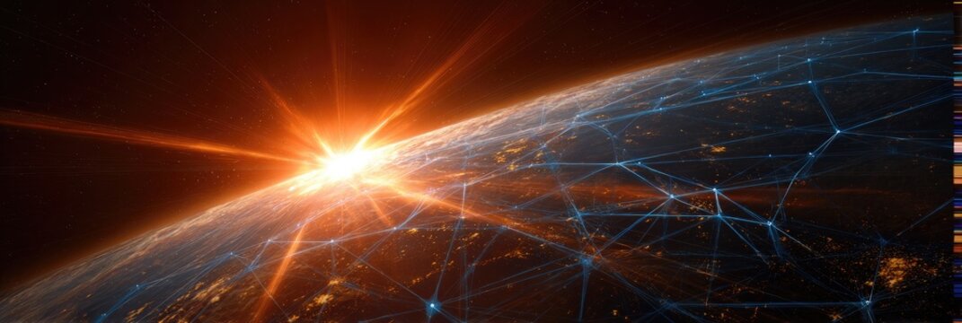Sunrise over a digitally connected planet with network of glowing lines