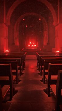 A dimly lit church aisle with red lighting and pews