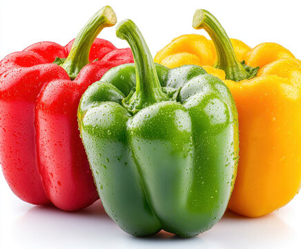 A closeup of fresh red yellow and green bell peppers isolated on a white background showcasing colorful healthy organic vegetables