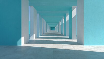 Fototapeta premium Bright, long, open hallway with tall white columns and turquoise walls