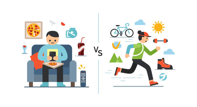 Healthy lifestyle choice versus sedentary couch potato, concept of healthy living and bad habits