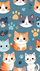 Obraz premium Cute cartoon cat faces and paw prints pattern in a cheerful design
