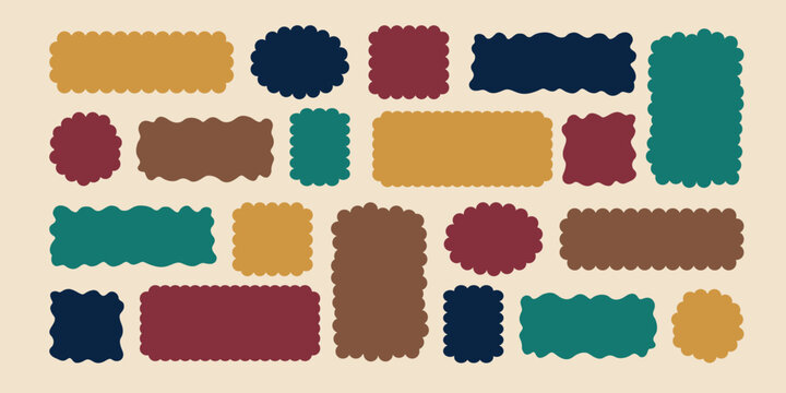 Vintage color label shapes set on a warm beige background. Wavy rounded rectangles and badge frames in retro tones yellow, burgundy, teal, navy and brown. Flat vector templates