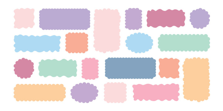Pastel label shapes set isolated on white background. Cute wavy rounded rectangles and badge frames in soft pink, lavender, peach, mint, baby blue and gray colors. Flat vector templates 