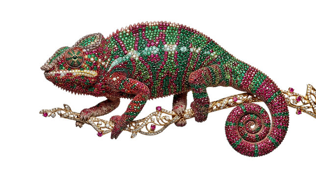 Exquisite jeweled chameleon figurine encrusted with emeralds and rubies on a golden branch