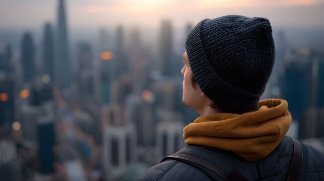 Man in beanie gazes thoughtfully over a hazy urban skyline at dusk evoking a sense of contemplation and future aspi ns
