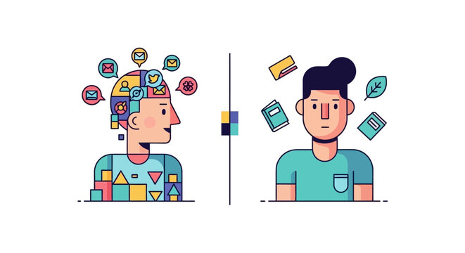 Conceptual illustration depicting the journey of human thought, mental development, and the acquisition of diverse knowledge