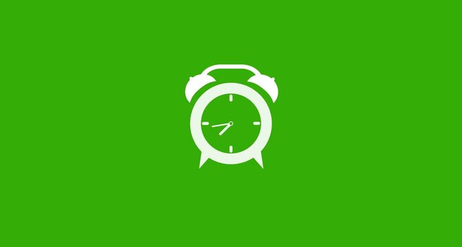 Abstract alarm clock icon timer graphic video animation. White outline alarm clock icon time lapse animation on a green background.