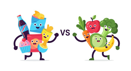Fototapeta premium Comparing Junk Food and Healthy Food Options with Cartoon Characters