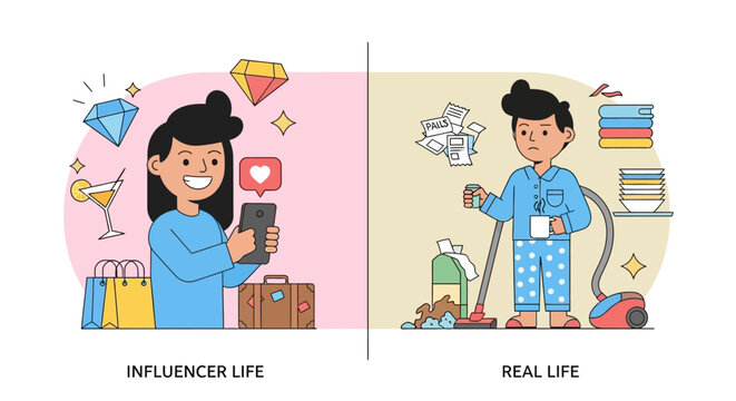 Unveiling the dichotomy glamorized online influencer lifestyle versus the messy, relatable realities of daily existence