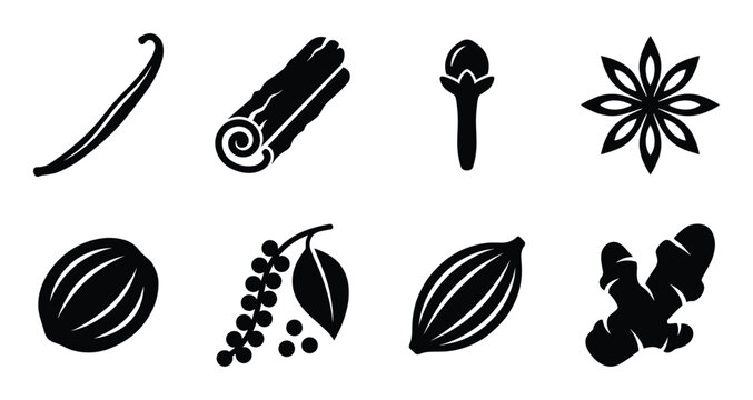 Assortment of spice icons including vanilla, cinnamon, cloves, star anise, nutmeg, pepper, cardamom and ginger