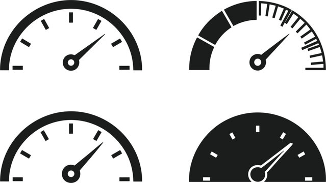 Set of black speedometer and performance gauge vector icons for automotive dashboards, internet speed testing, progress tracking, and industrial measurement UI design.