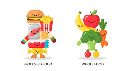 Naklejka premium Navigating dietary options A vivid visual comparison of natural whole foods versus processed unhealthy snacks, promoting balanced and mindful eating